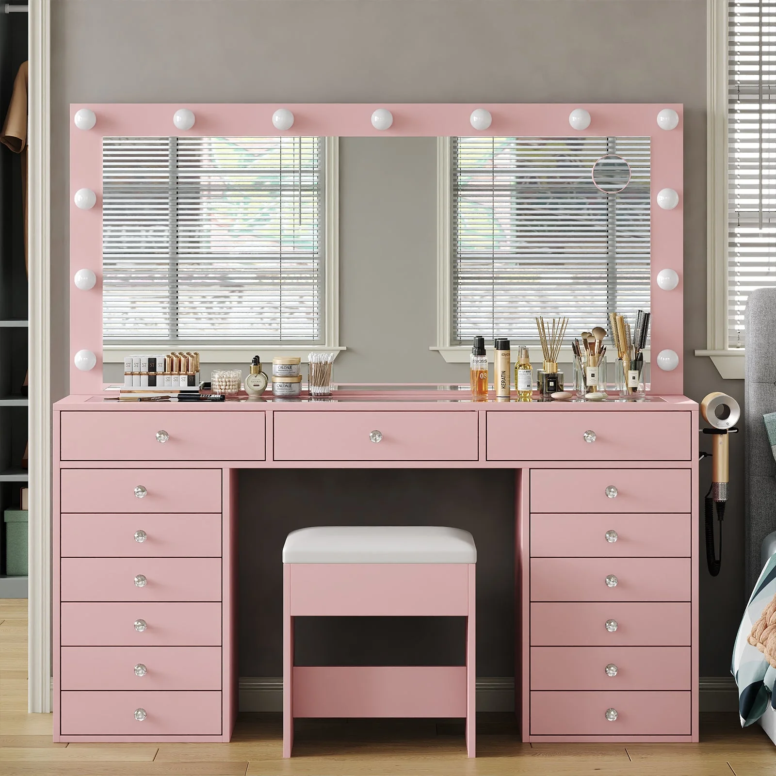 Makeup Vanity desk with LED Mirror, 15 Drawers - Image 14