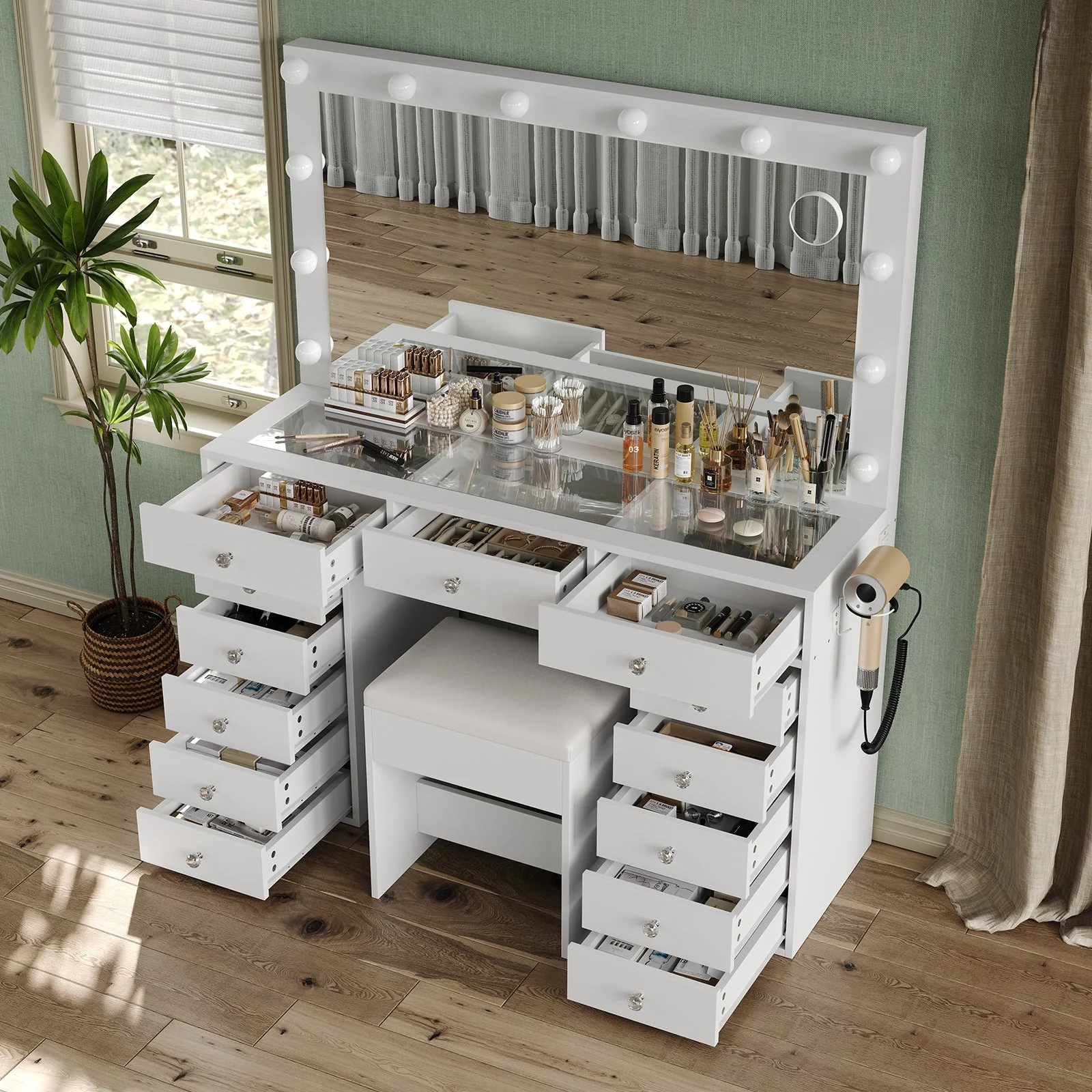 Makeup Vanity desk with LED Mirror, 13 Drawers - Image 5