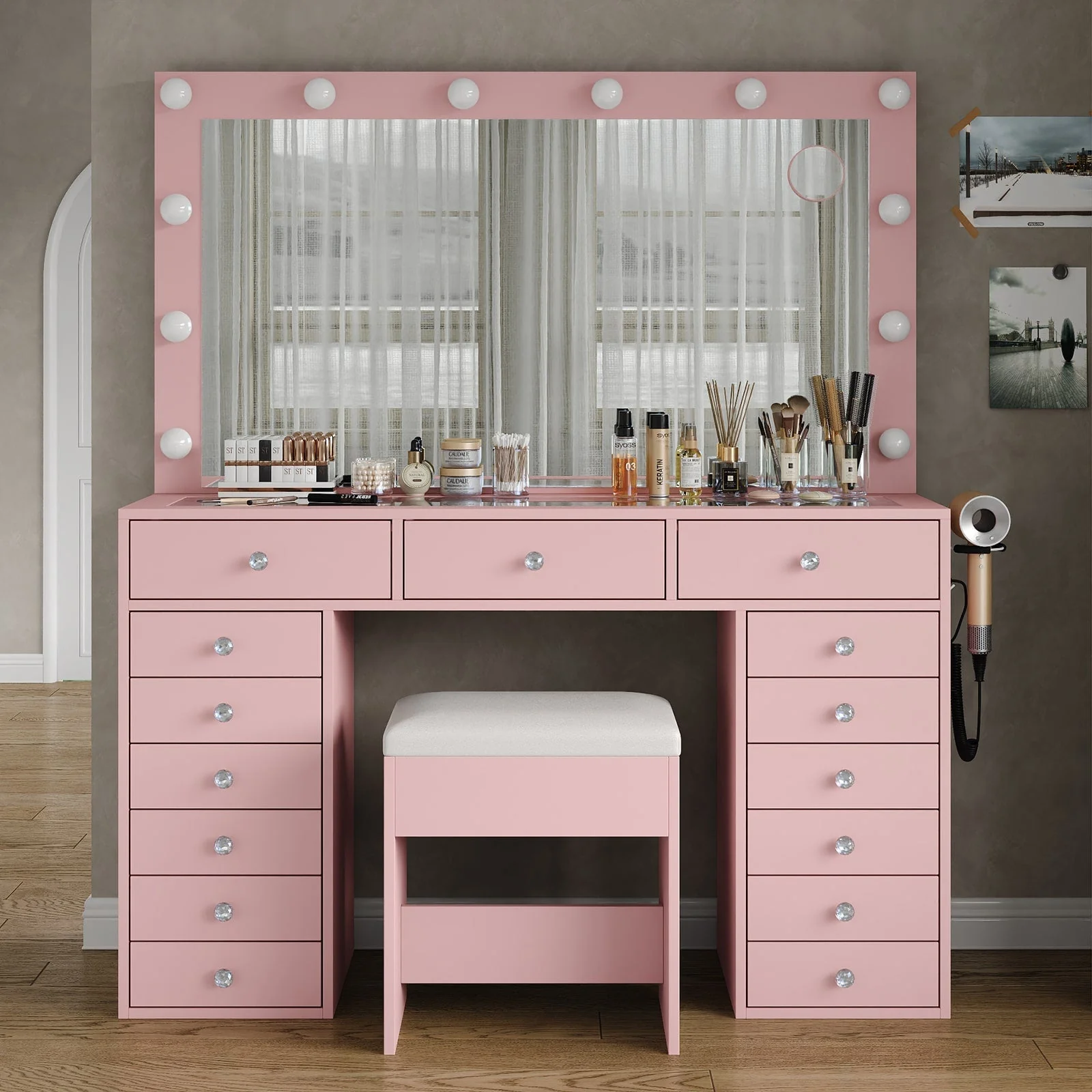 Makeup Vanity desk with LED Mirror, 15 Drawers - Image 12