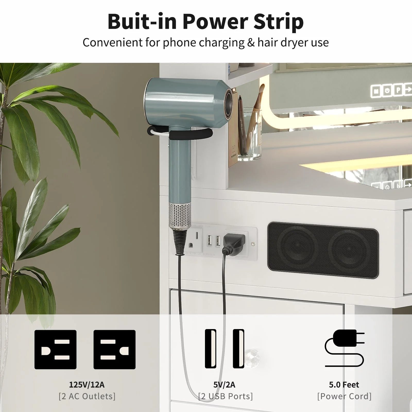 Corner Makeup Vanity, with Bluetooth, White - Image 10